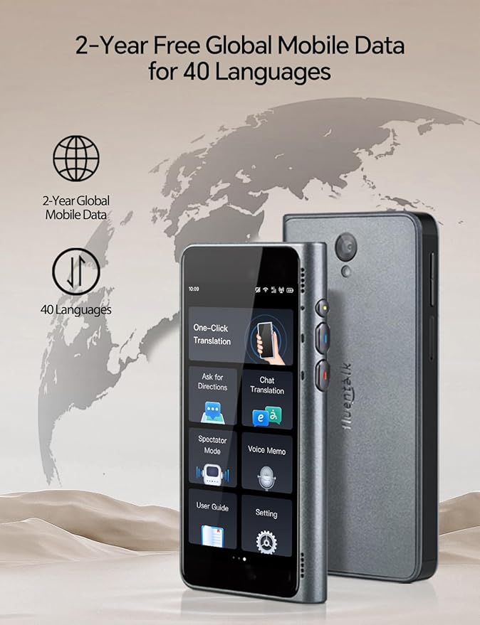Timekettle Fluentalk New T1 Translator Device Supports 40 Languages, 31+ Offline Language Pairs, Photo Translation, No WiFi Needed, 2-Year Global Data, 4" HD Screen for Travel