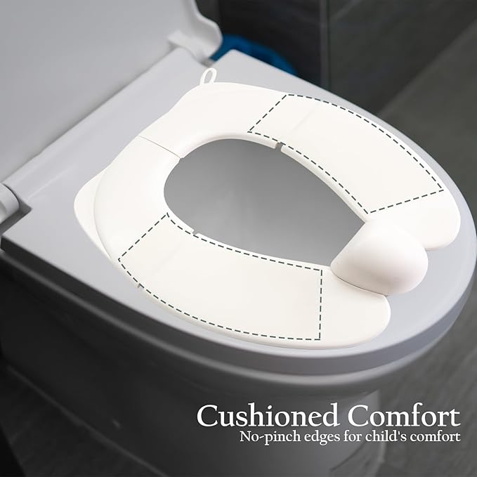 Kids Foldable Toilet Seat with Storage Bag - Training Urine Anti-Slip Toilet Seat Cover with Splash Guard for Children Toddlers, Portable & Travel-Friendly Easy Clean Universal Fit-White