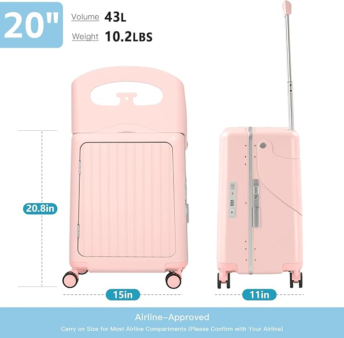 20" Carry-On Luggage with Seat for Kids & Adults, Lightweight Hardside Ride-On Suitcase with Front Opening, TSA Lock, 360° Spinner Wheels (Pink, 20-inch)