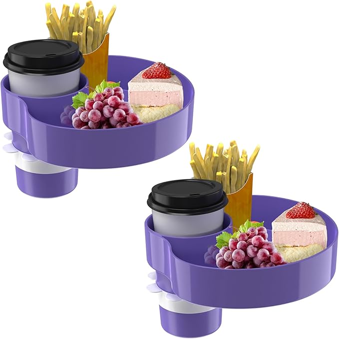 [2 Packs] Kids Car Seat Tray, Travel Tray with Cup Holder for Toddler Baby, Kids Car Seat Food Snack Organizer for Road Trip, Stroller snack Organizer Travel Must Haves (Purple, 2 PCS)