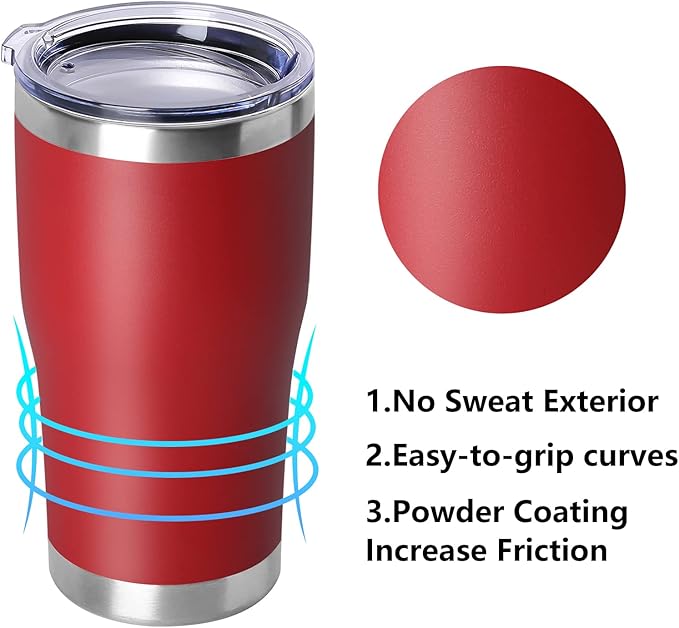 DOMICARE 20oz Tumbler with Lid Stainless Steel Tumblers Bulk, Double Wall Vacuum Insulated Coffee Travel Mug Powder Coated Tumbler, Red