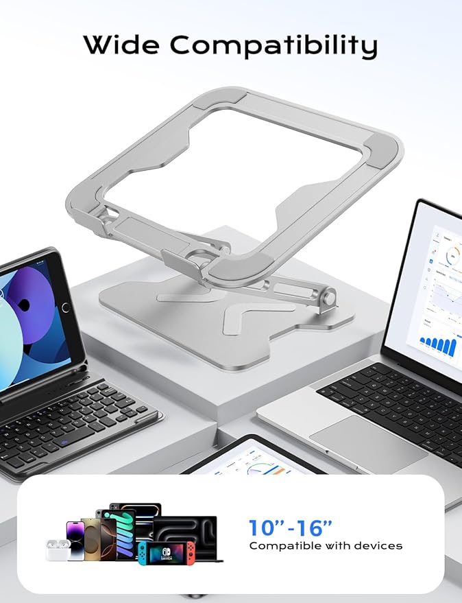 Adjustable Laptop Stand for Desk, Portable Laptop Riser Holder Foldable, Metal Ergonomic Computer Notebook Stand Holder for MacBook Air Pro, Dell, HP 10-16'', White