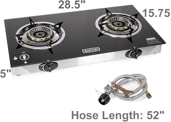 Barton Double Burner Stove w/Auto Ignition LPG Tempered Glass Outdoor Propane Portable Camping Cooktop Range 2-Burner Gas Burner