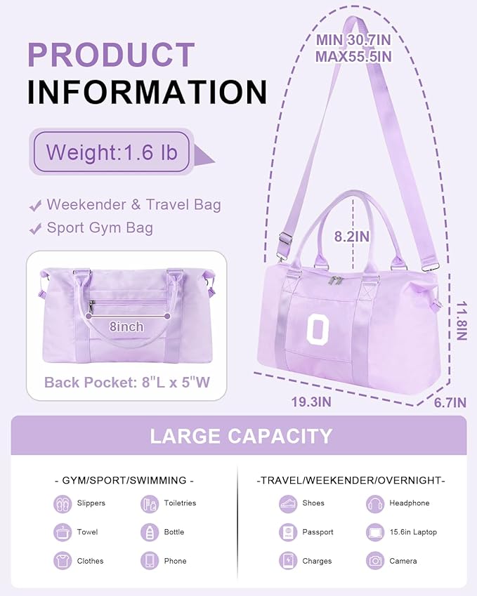 Daughter Niece Gifts for Teen Girl Kids, Initial Travel Duffel Bag Sports Gym Bag Personalized Gifts Weekender Bag，Monogram Overnight Bag Cute Dance Bag Birthday Bridesmaid Gifts for Women(Purple, O)
