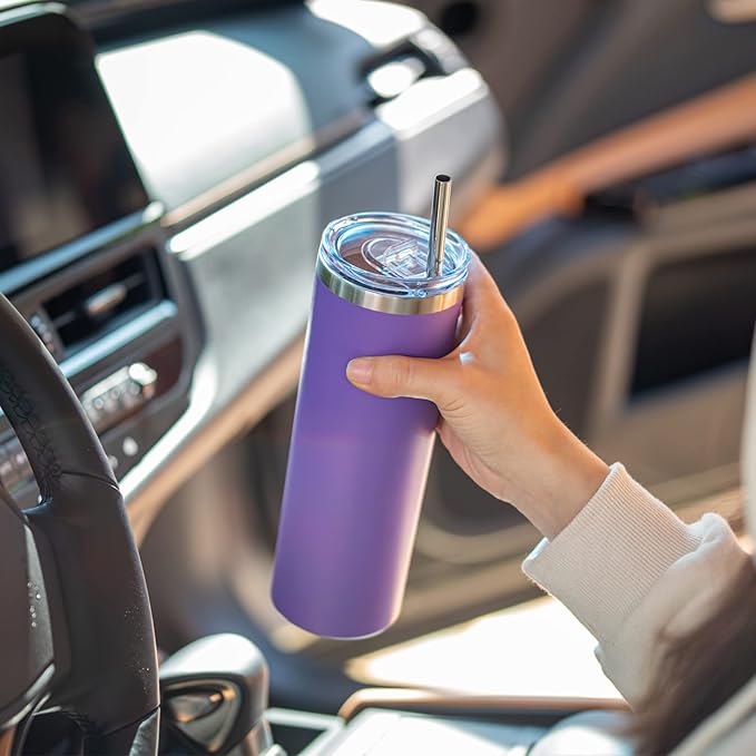 koodee 20 oz Tumbler with Lid and Straw-4 Pack Skinny Tumbler Stainless Steel Double Wall Insulated Coffee Cup (Sky Blue/Pink/Purple/Black