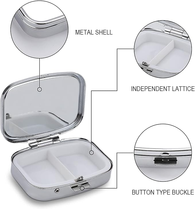 Metal 2 Compartment Pill Organizer Travel Friendly Portable Compact Pill Box Cute Pill Case,for Pocket Wallets Daily Portable Medicine Vitamin Tablet Storage (The Skeleton in The Center)
