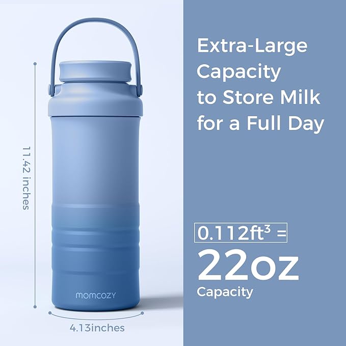 Momcozy 22oz Portable Breast Milk Cooler for Outdoor, Life Saver with 360° Total Cooling for 24 Hours, Larger Capacity Travel Breastmilk Chiller with 2pcs Baby Bottles for Breastmilk Storage, Blue