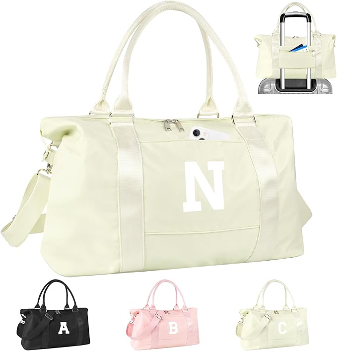 Initial Travel Duffel Bag Sports Gym Bag for Kids Teen Birthday Gifts,Beige Personalized Weekender Bag Carry On Dance Bags for Women Men,Waterproof Monogram Overnight Bag with Trolley Sleeve(Letter N)