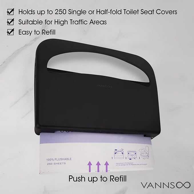 Toilet Seat Cover Dispenser - Stainless Steel Wall Mount Toilet Seat Cover Holder for Commercial Bathroom, 250 Single or Half Fold Seat Covers Capacity (Black)