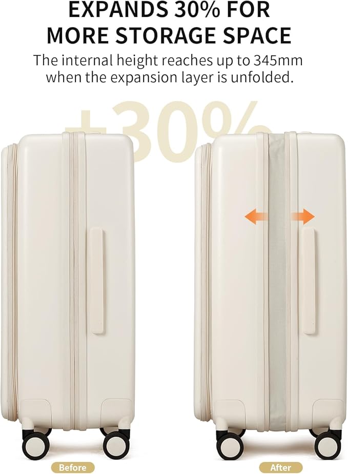 aji Expandable Top Opening 24 Inch Checked Luggage with Spinner Wheels, Large Suitcase with TSA Lock, Hard Shell Travel luggage Suitcases for Men Women, for 12+Days Travel, Coconut White