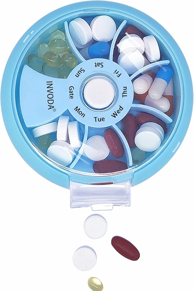 INVODA Weekly Pill Organizer 7 Compartment Rotating Pill Box for Daily Medication & Vitamins - Portable Travel Pill Case Fish Oil Supplements Vitamins Organizer (Pink+Blue)