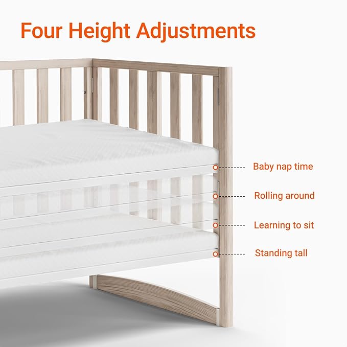 EvoNook 6-in-1 Convertible Mini Crib, 100% New Zealand Wood, 4 Adjustable Mattress Heights, Crib with Mattress, Washed Natural