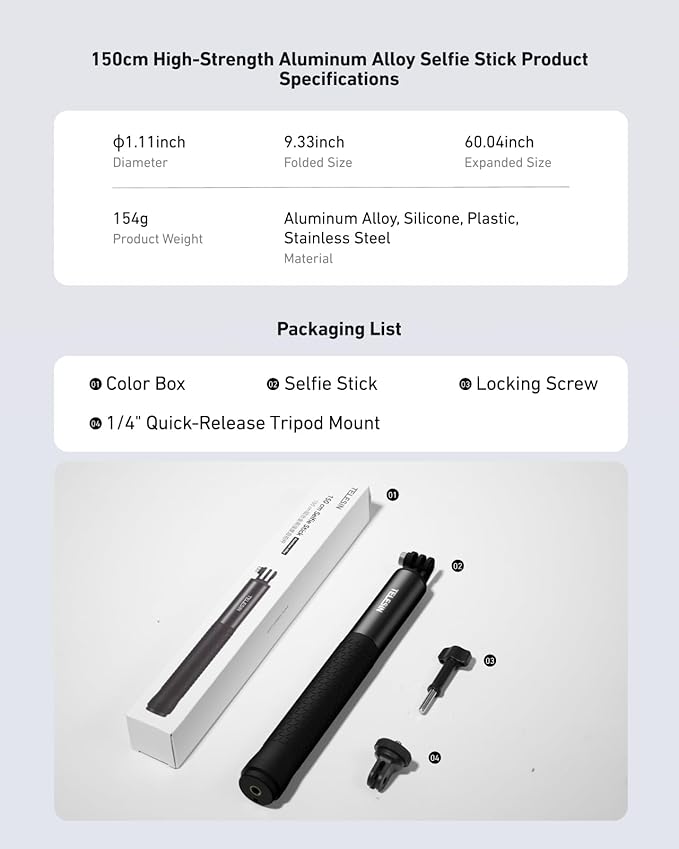 TELESIN 60" Selfie Stick for GoPro, Portable Extended Vlog Invisible Pole for GoPro Hero 13 12 11 10 9 DJI Osmo 360/Action 5 4 Insta360 X5 X4 AKASO Handheld Monopod for Travel, Action Camera Accessory