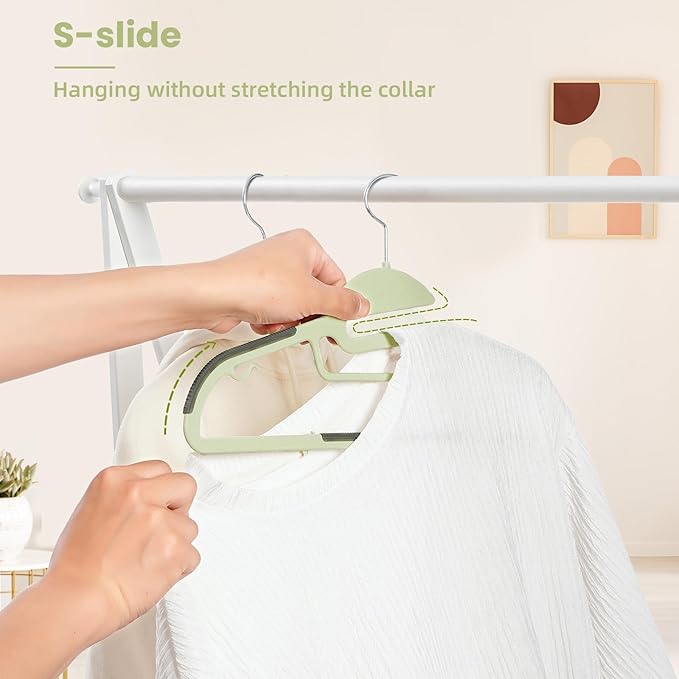 BAGAIL Plastic Hangers 50 Pack with Non-Slip Design,0.2 Inches Thick, 360°Swivel Hook Space Saving Organizer for Bedroom Closet,Shirts,Pants(Matcha Green- S Shaped)