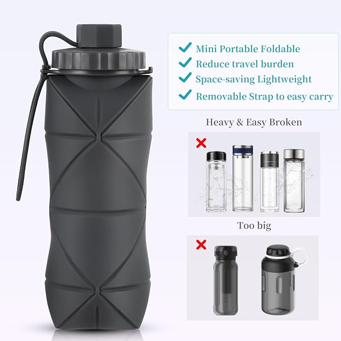 Silicone Collapsible Water Bottles,Lightweight Reusable Leakproof For Traveling Camping Hiking Cycling Sports Outdoor,Foldable Portable Travel Water Bottle 600ML Dark Grey And Pink 2Pack.