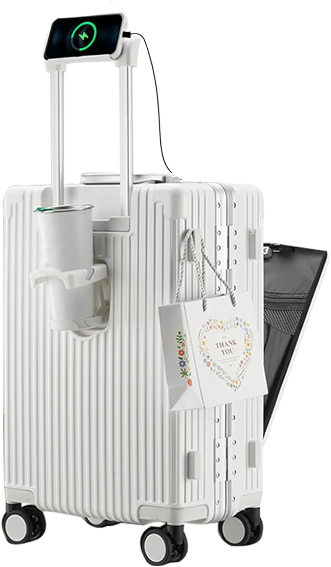 feilario 24in Aluminium Frame PC Hard Shell Spinner Wheels Luggage, Built-In TSA lock Carry on Suitcase, with Cup Holder, USB Port, Phone Holder