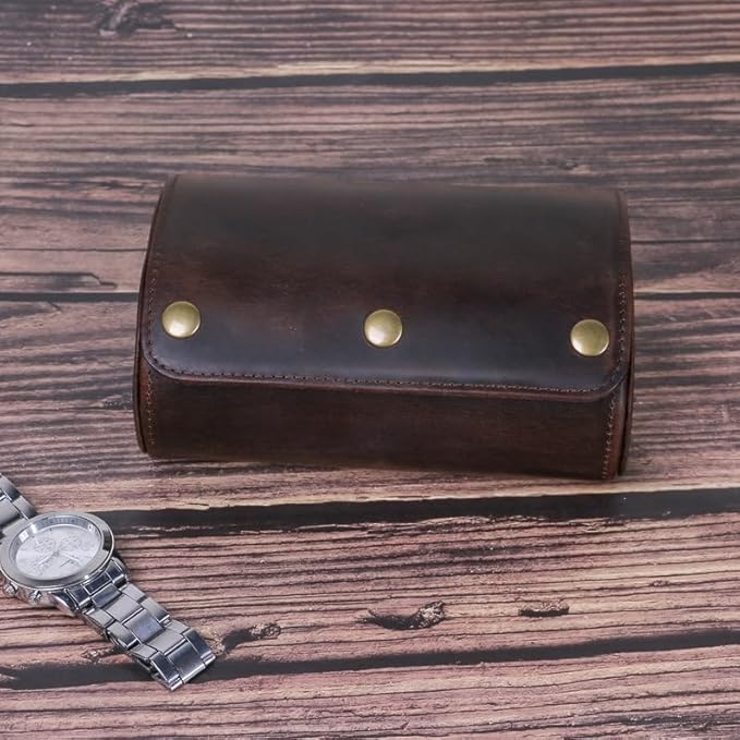 Genuine Leather Watch Roll Travel Case,2 Slots Vintage Full Grain Leather Watch Box with Pillow for Men,Watch Storage Organizer for Home Storage,Anniversary Birthday Christmas Gift