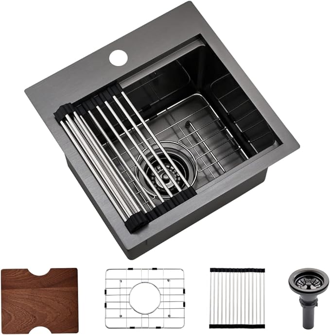 15 Inch Black Bar Sink Drop In Workstation-Bokaiya 15x15 Drop In Bar Sink Small Kitchen Outdoor Rv Sink 16 Gauge Black Stainless Steel Single Bowl Kitchen Sinks with Cutting Board