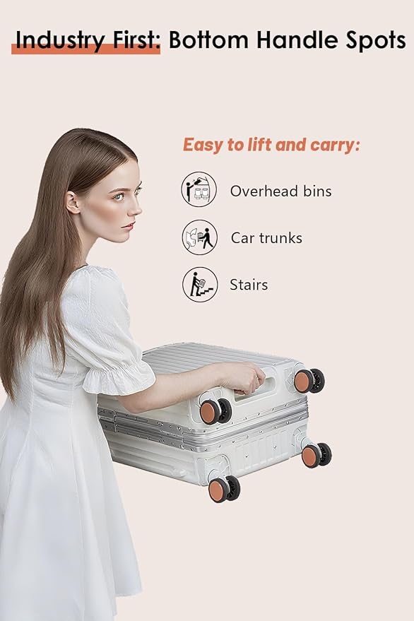 HotWay 24 Inch Hardside Checked Luggage with Leather Handle, PC Zipperless Suitcase with Spinner Wheels and TSA Locks, Lightweight Checked Luggage for Travel, White