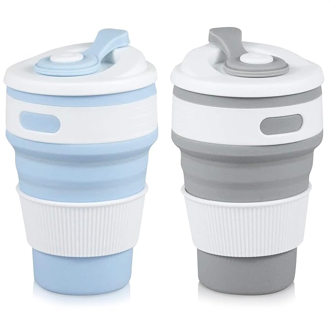 2-Pack Collapsible Coffee Cup Reusable – 12oz Leakproof Travel Coffee Mug, Silicone, Foldable & Portable for Hiking, Camping, Office | Lightweight, Heat-Resistant, Easy to Clean, Outdoor & Travel Cup