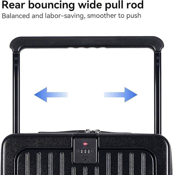 SOKOK Front Pocket Luggage Carry On with Spinner Wheels, Wide Handle Travel Suitcase PC Hardshell Durable Rolling Luggage for Business Trip with Charging Port and Cup Holder, Black