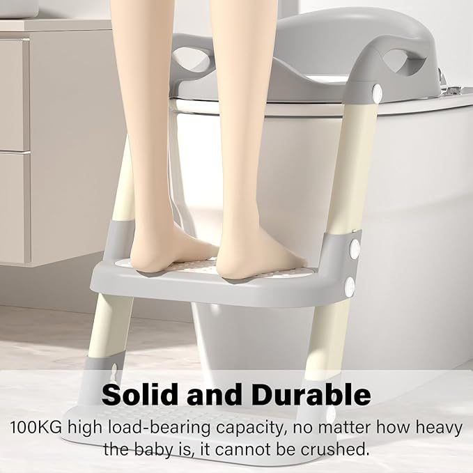 Potty Training Seat with Step Stool Ladder, Adjustable Foldable Potty Seat for Toilet with Anti-Slip Pads Ladder for Kids Boys Girls Toddlers - Grey