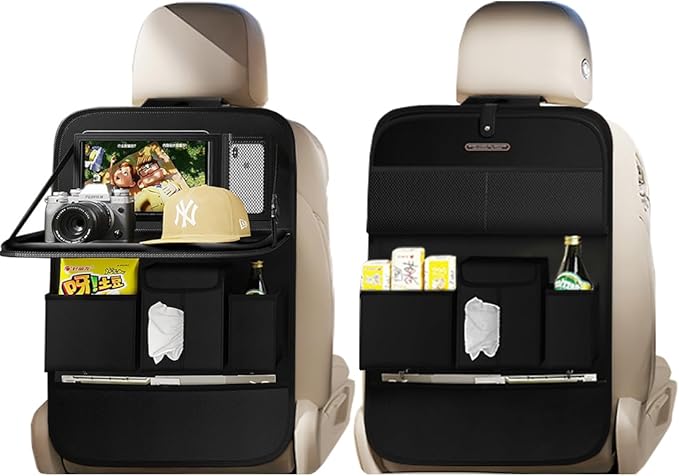 Car Seat Organizers,Multi-functional Back Seat Protectors, Storage Pouches, and Tray Holders (for Cars, Kids, Seat Back and Rear Seats) (Plain Black, 2 Pcs)