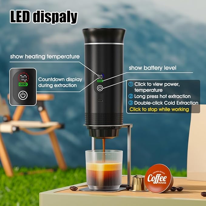 Portable Electric Coffee Maker, Digital Display, Compatible with Coffee Pods,Rechargeable Coffee Machine for Travel, Camping, RV,Home,Office (white)