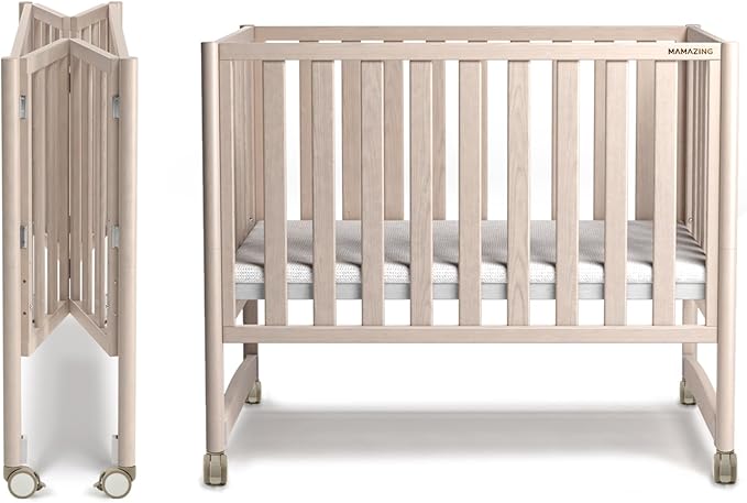 EvoNook 6-in-1 Convertible Mini Crib, 100% New Zealand Wood, 4 Adjustable Mattress Heights, Crib with Mattress, Washed Natural
