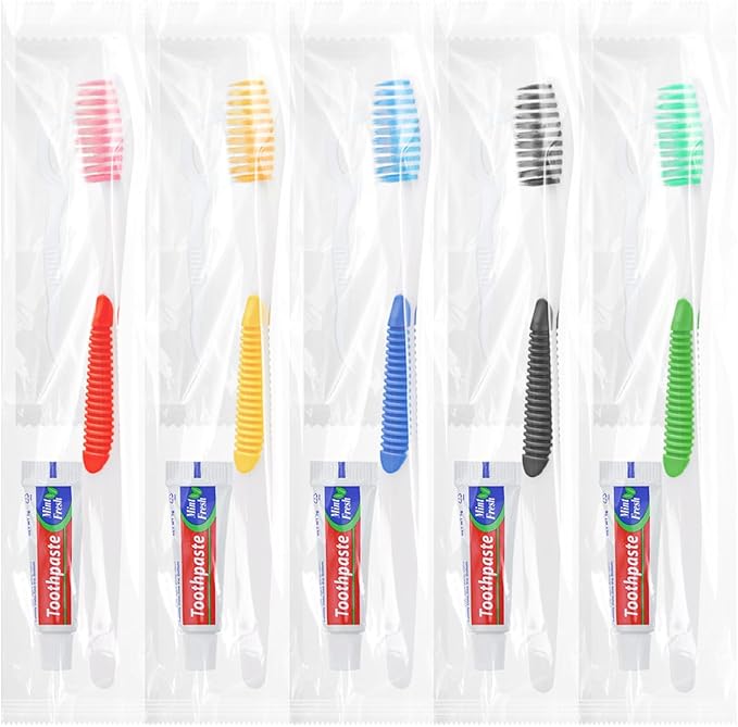 Disposable Toothbrushes with Toothpaste and Floss,100pcs Single Use Individually Wrapped Disposable Travel Toothbrushes and Dental Floss Kit Bulk for Homeless,Airbnb,Dentist,Hotel(5 Colors)