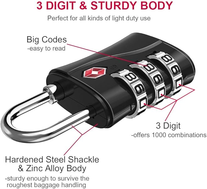 ZHEGE TSA Locks for Luggage, 3 Digit Luggage Lock with Flexible Cable (80cm) for Travel, School, Backpack, Suitcases, Gym Locker (Black, 2Pack)