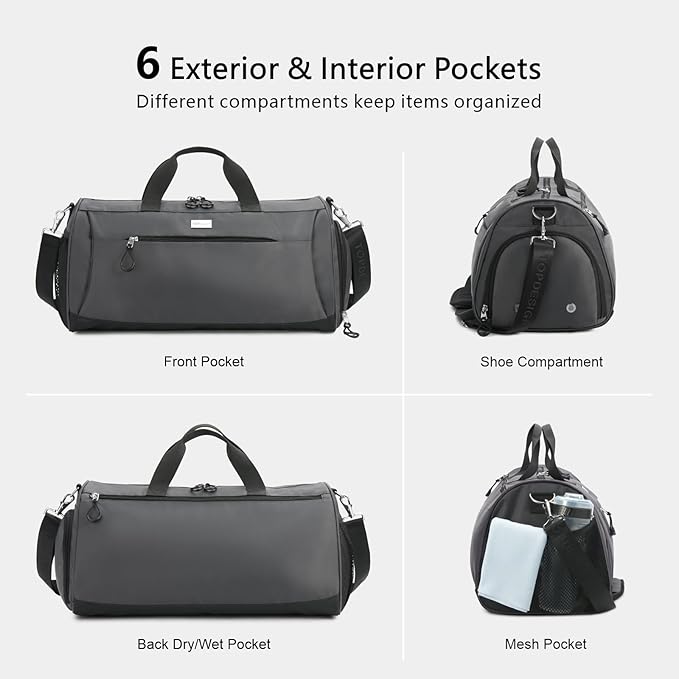 TOPDesign Gym Bag for Women & Men, Unisex Duffel Bag with Shoe Compartment & Wet Pocket for Travel Sports Gym (M Grey)