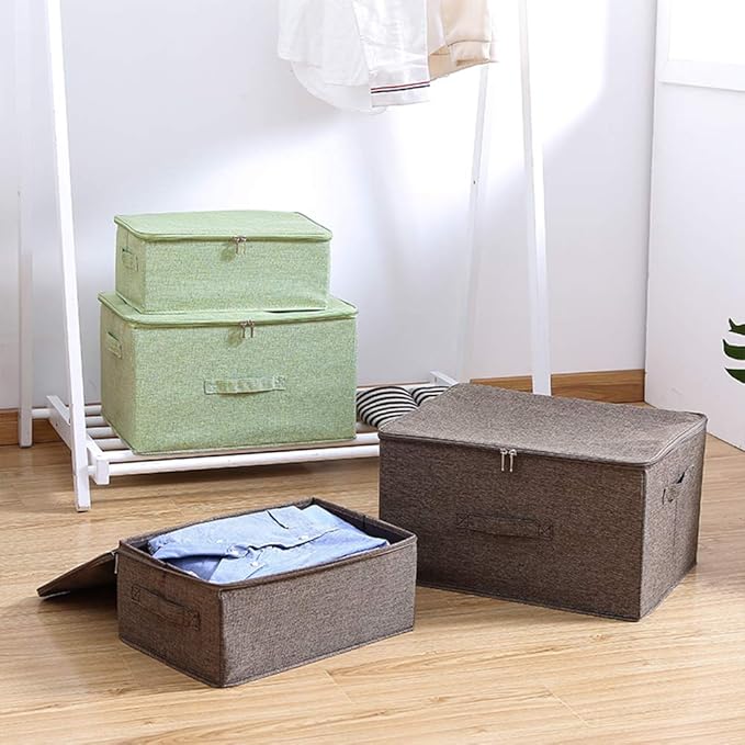 ANMINY 2PCS Storage Bins with Zipper Lids 36 Qt Lidded Fabric Storage Boxes Baskets Cubes with Handles Collapsible Washable Cotton Linen Closet Shelf Clothes Organizer Containers - Green, Large