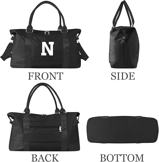 Initial Travel Duffel Bag Sports Gym Bag for Boys Teen Birthday Gifts,Black Personalized Weekender Bag Carry On Tote Bags for Men,Waterproof Overnight Luggage Bag Airplane Travel Essentials(Letter N)