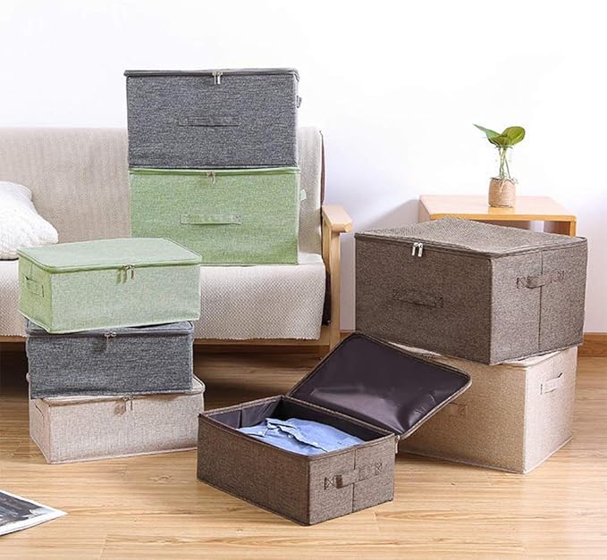 ANMINY Storage Bins with Zipper Lids 36 Qt Lidded Fabric Storage Boxes Baskets Cubes with Handles Collapsible Washable Cotton Linen Closet Shelf Clothes Organizer Containers - Green, Large