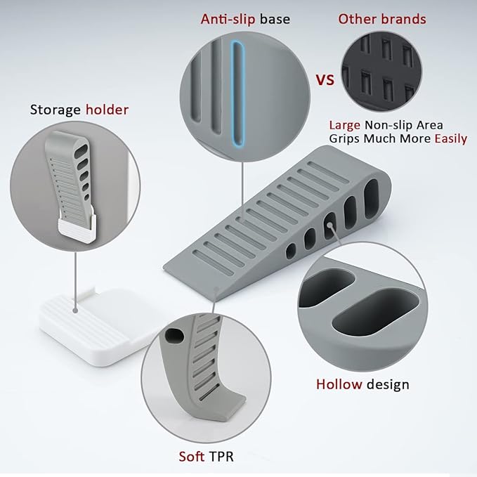 JQK Rubber Door Stopper Wedge, Grey 3 Pack Soft TPR Premium Door Stops for Bottom of Heavy Duty Door on Tile, Concrete, Carpet, Wooden Floor, DSB61-GY-P3