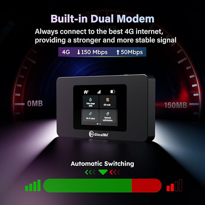 GlocalMe DuoTurbo 4G LTE Portable WiFi Hotspot for Travel in 200+ Countries, Mobile Hotspot Device with Global 1.1GB Data 30Days, SIMFREE and Dual Modem, 10 Devices Connected(Black)