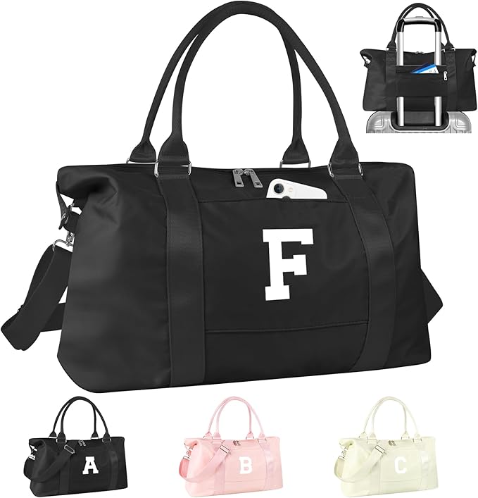 Initial Travel Duffel Bag Sports Gym Bag for Boys Teen Birthday Gifts,Black Personalized Weekender Bag Carry On Tote Bags for Men,Waterproof Overnight Luggage Bag Airplane Travel Essentials(Letter F)