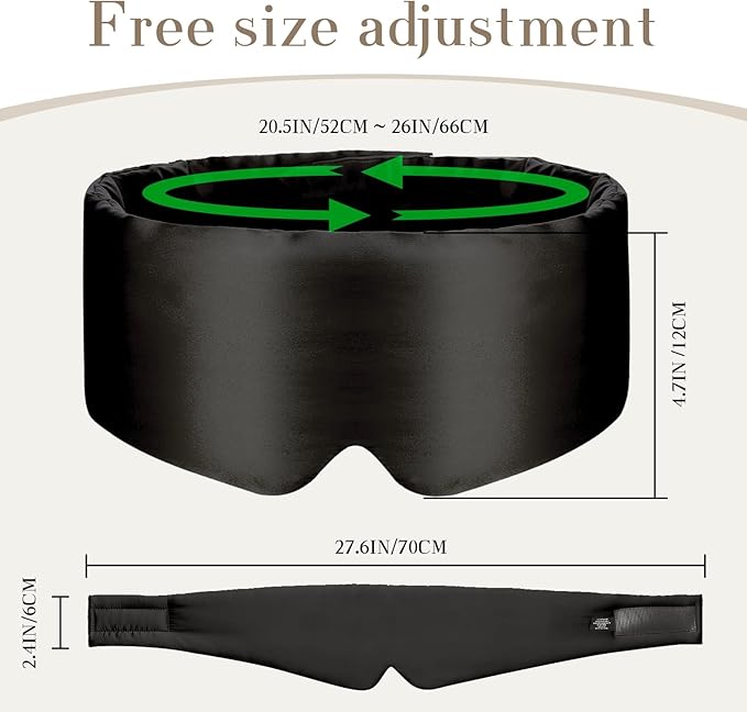 100% Mulberry Silk Sleep Mask Eye Mask for Women Man with Adjustable Band, for Side Sleeper Blackout Sleep Mask for Travel Rest and Office Large Size (Black)