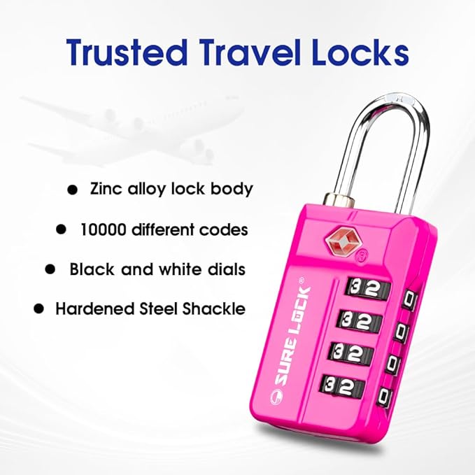 SURE LOCK TSA Approved 4-Digit Resettable Combination Luggage Locks with Open Alert, Easy-Read Dials - for Luggage, School Lockers, Gym, Office, Toolbox & Security Cases (Pink 1 Pack)