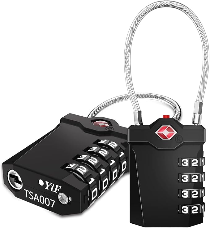 ZHEGE TSA Approved Locks for Luggage, Cable Locks with White Number, 4 Digit Combination Locks with Inspection Indicator for Suitcase, Backpack, Baggage, Code Padlocks for Locker (2 Pack, Black)