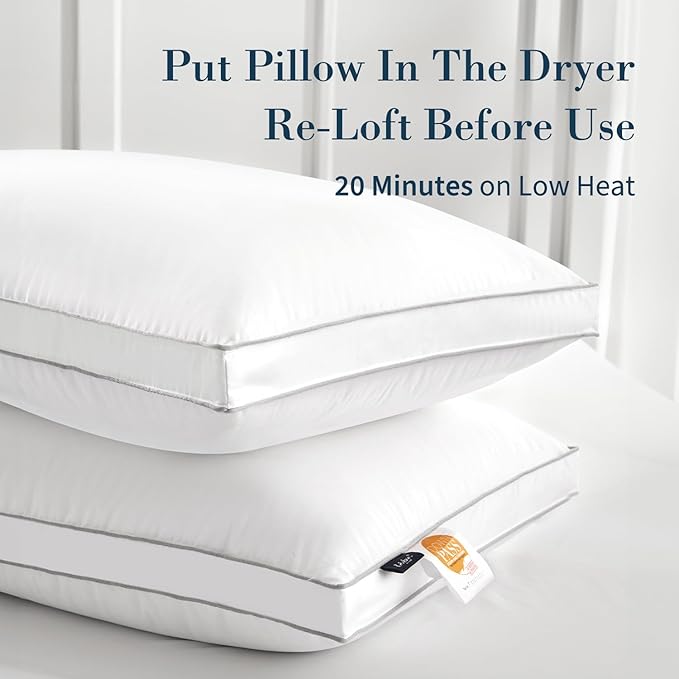 Globon Luxury Feather Down Pillow Standard Queen Size for Sleeping, Hotel Collection Fluffy Pillow, Low Soft Gusseted Bed Pillows, 18"X26", Pack of 1