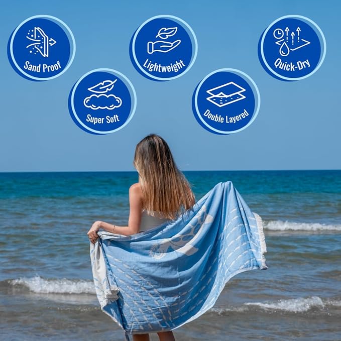 Turkish Beach Towel - 100% Organic Cotton - Soft, Quick-Dry, Sand Proof, Prewashed - Lightweight & Oversized for Beach, Pool, Yoga, Bath, Travel, Gym, Throw - Turtlebay (Navy)