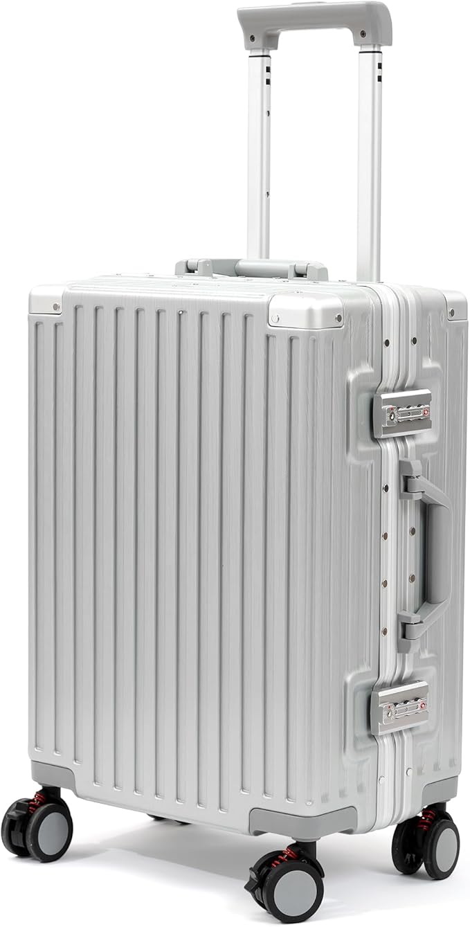UrbanExplorer 20 Inch Carry On Luggage Aluminum Frame Airline Approved, Zipperless Luggage Carry On TSA Approved ABS+PC Hard Shell Suitcases, Lightweight Carry-On Suitcase with Cup Holder, Sliver