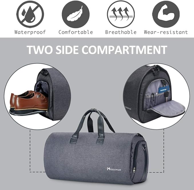 Convertible Garment Bag with Shoulder Strap, Modoker Carry on Garment Duffel Bag for Men Women - 2 in 1 Hanging Suitcase Suit Travel Bags (Black)