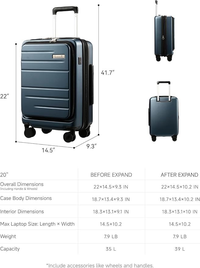 LUGGEX Carry On Luggage 22x14x9 Airline Approved, Expandable Polycarbonate Suitcase with Front Pocket (Charcoal Metallic, 20 Inch, 35L)