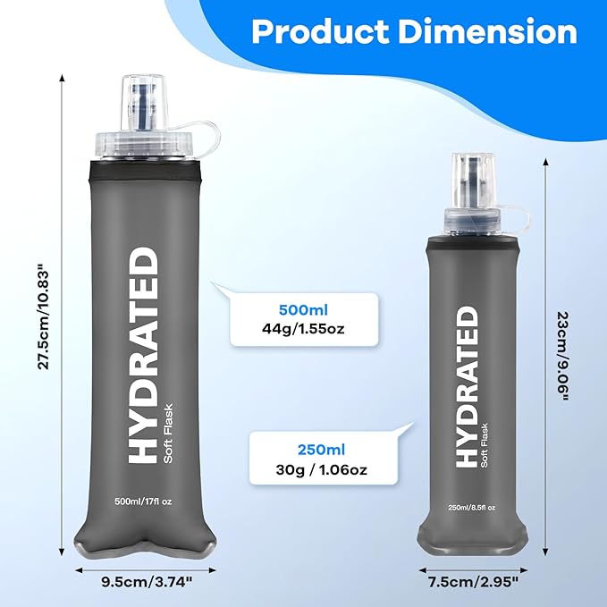 2Pack Soft Flask, 8.5oz Collapsible Soft Water Bottle, 250ml Foldable TPU Bottles for Hydration Pack BPA-Free, Running Lightweight Water Bottle for Hiking Cycling Climbing Running