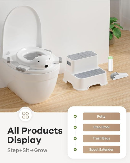 3 in 1 Potty Training Toilet & Toddler No-Slip Step Stool with Trash Bags and Spout Extender, Portable for Boys Girls Use in Indoor and Outdoor, Kids Portable Potty and Step Stool Set