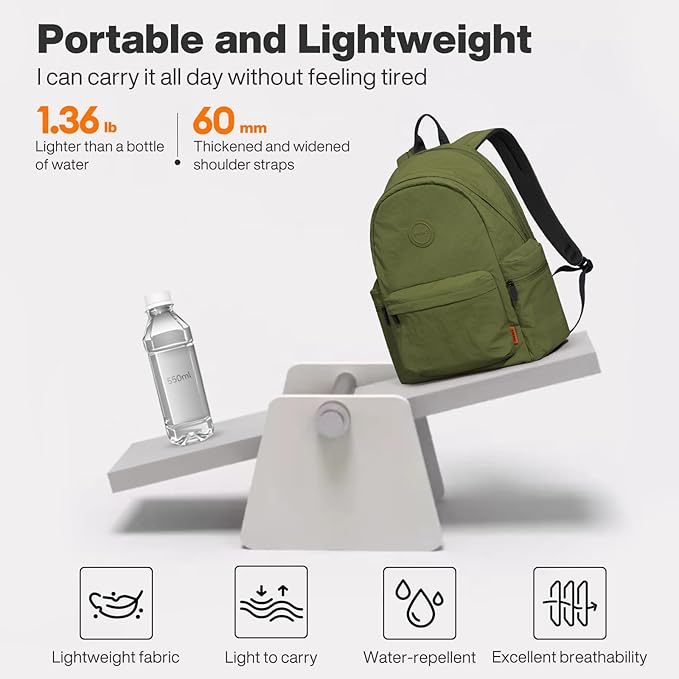 mixi Outdoor Lightweight Backpack Casual Carry On Laptop Backpack Travel Bookbag for Women Men, Water Resistant Durable Hiking Bag for Camping Weekender Sports College Work, 17 Inch, Jungle Green