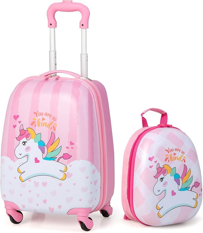 HONEY JOY Kids Luggage, 12" Toddler Backpack & 16" Travel Suitcase with Wheels, Lightweight Toddler Girls Suitcase, Durable ABS Hardshell, 2Pcs Carry On Luggage Set for Boys Girls(White Horse)